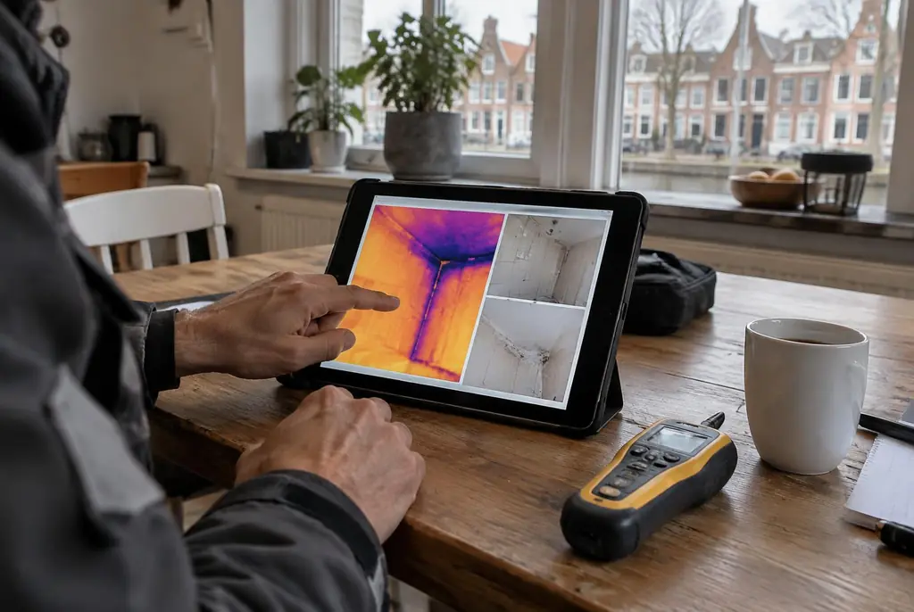 Lekdetectie Zevenaar – lekdetectierapport met warmtebeelden en foto's op een tablet