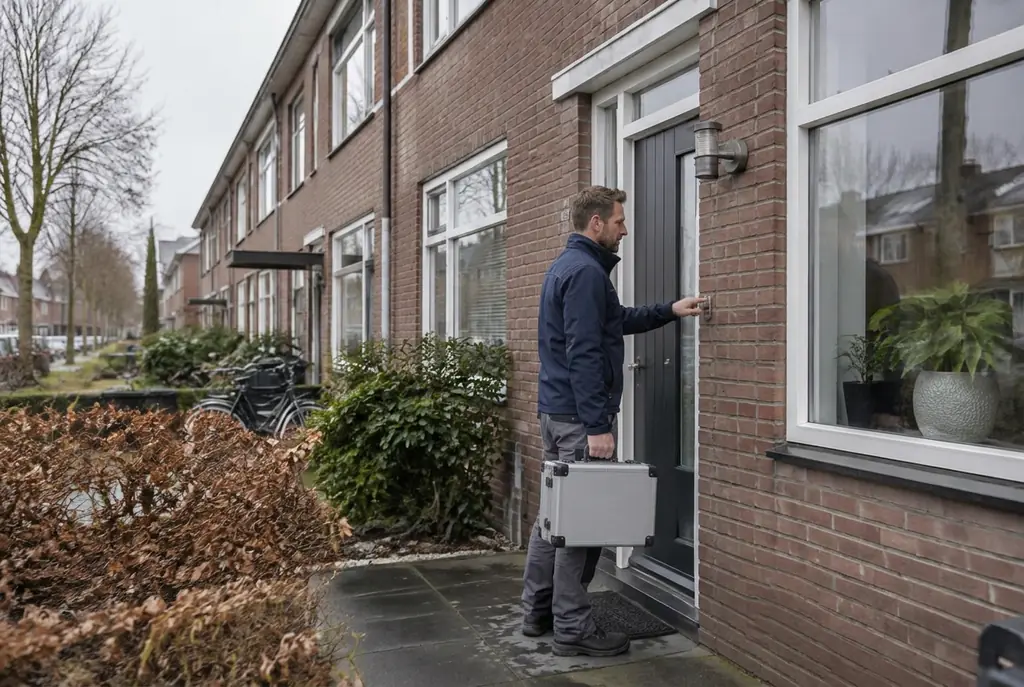 Lekdetectiespecialist met meetkoffer bij de voordeur van een woning in Zevenaar
